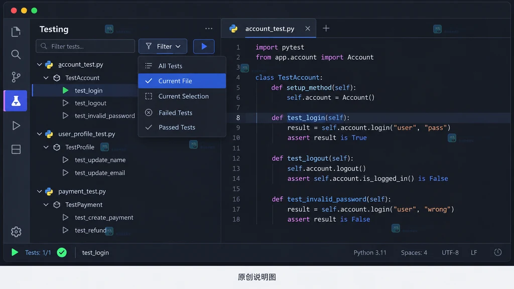VS Code 测试视图中选择当前文件筛选的原创操作示意图