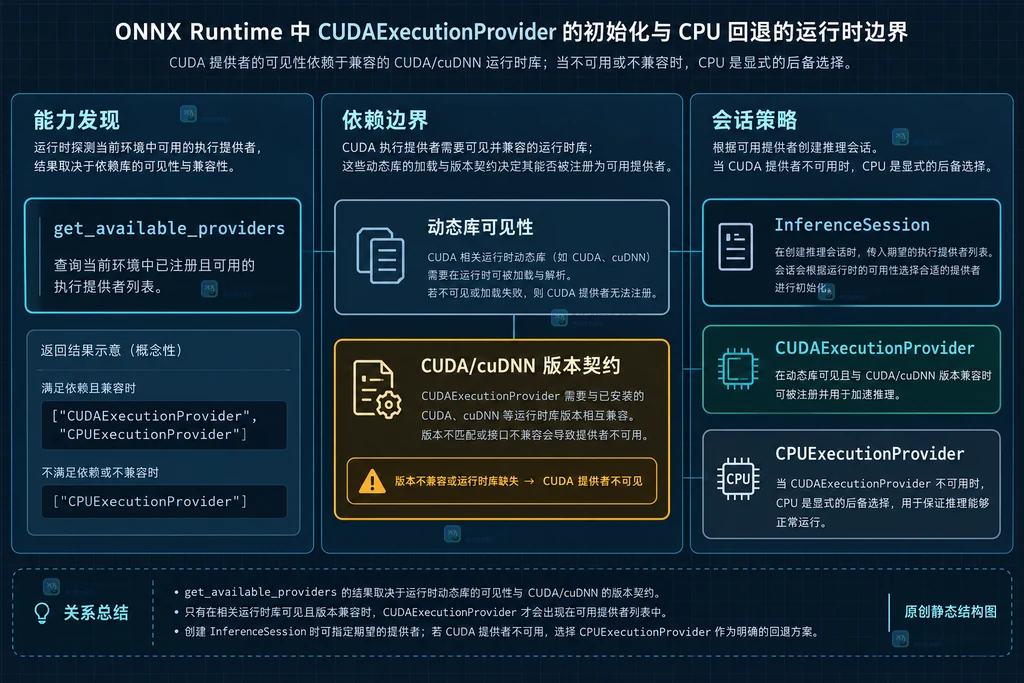 ONNX Runtime CPU 与 CUDA provider 的安装包、硬件和优先级关系说明图