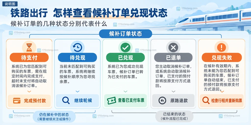 铁路候补订单待支付待兑现已兑现已退单和兑现失败状态关系说明图