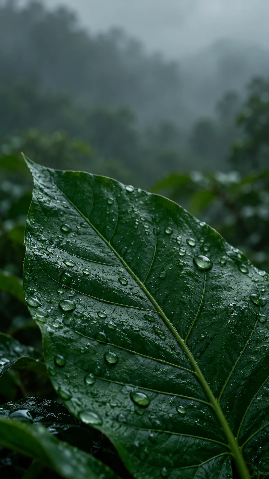 雨后墨绿叶片的中等尺度叶脉和顶部锁屏留白原创手机壁纸说明图