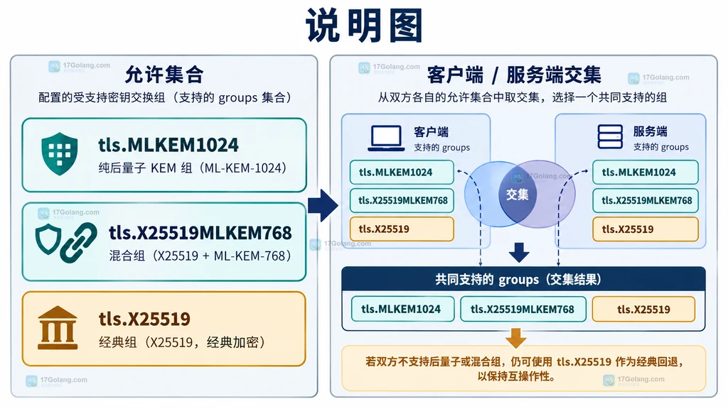 CurvePreferences 显式配置、GODEBUG 默认集合和 TLS 双端协商边界说明图