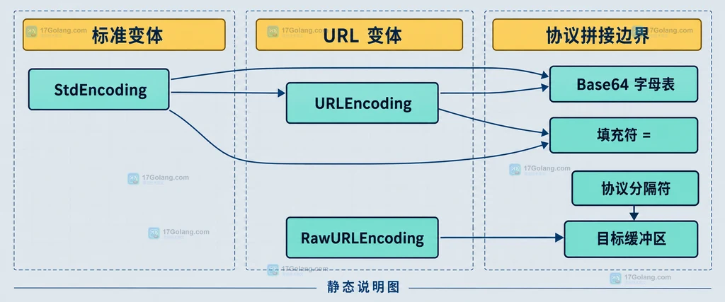 Go Base64 标准、URL-safe 和无填充变体及容量边界的静态说明图