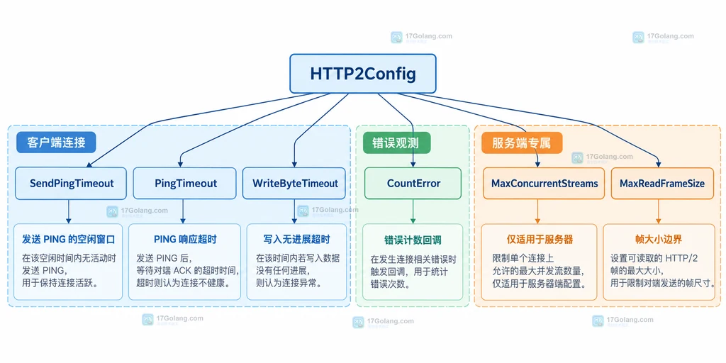 HTTP2Config 的 SendPingTimeout、PingTimeout、WriteByteTimeout、CountError、MaxConcurrentStreams 与 MaxReadFrameSize 适用范围说明图