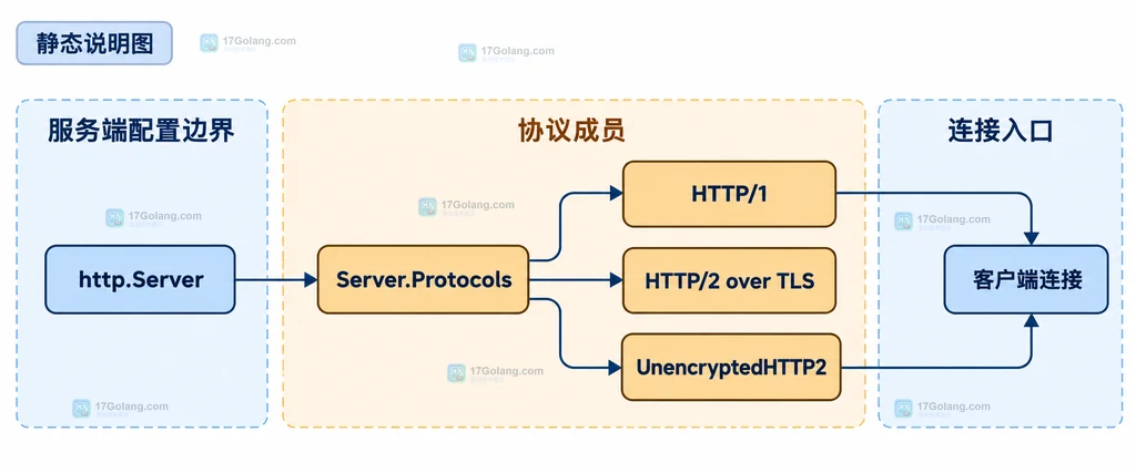 显式 Protocols 开关、HTTP1 共存、h2c 直连与默认配置回滚的静态关系说明图