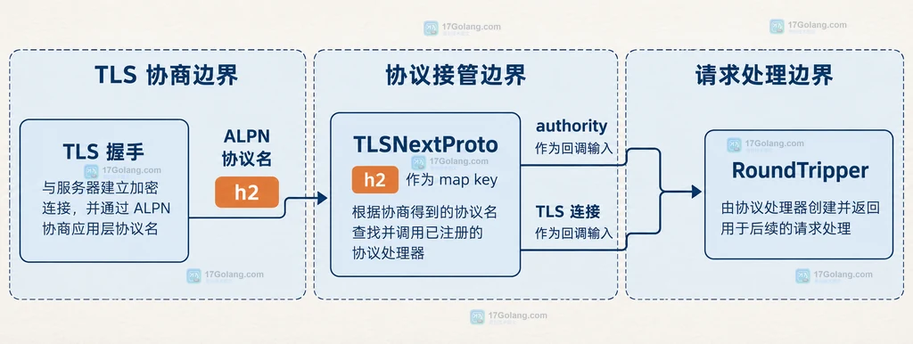 TLSNextProto 非空、h2 映射、Protocols 与 ForceAttemptHTTP2 的配置边界说明图
