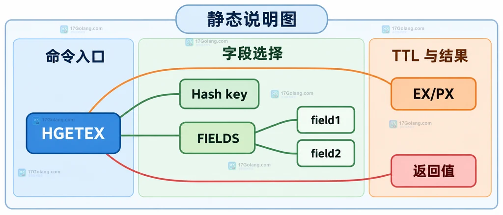 HGETEX、Hash key、FIELDS、字段列表、EX或PX与返回值之间的静态参数关系说明图