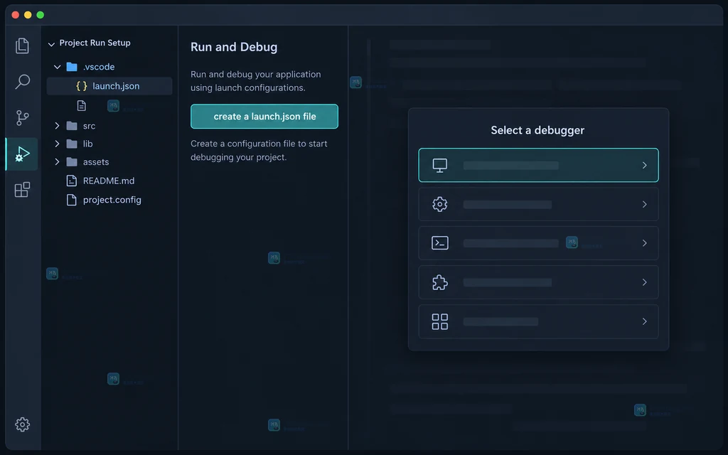 原创 IDE 风格界面说明图,展示 launch.json 中的 env、envFile 和 Environment loaded 状态