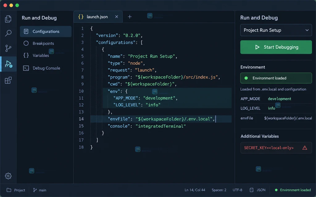 原创 IDE 风格界面说明图,展示从 Run and Debug 创建 launch.json 和项目级运行配置