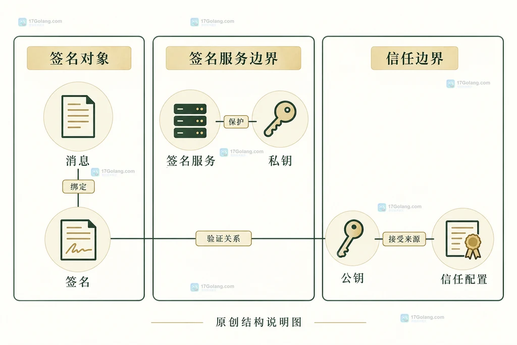 后量子签名关系说明图：消息、签名、公钥、私钥与信任配置的静态关系