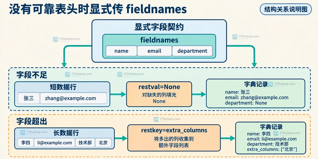 Python csv DictReader 使用 fieldnames、restval 与 restkey 区分缺失列和多余列的结构说明图