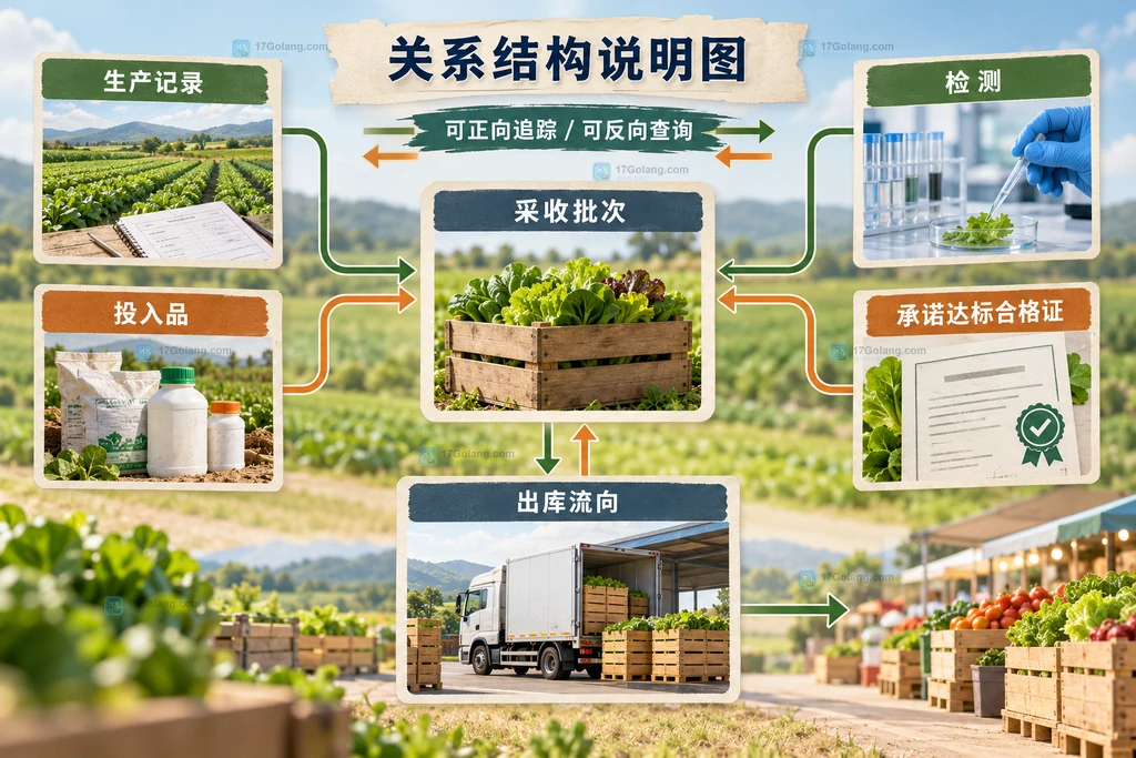 农业种植从生产记录、采收、检测和合格证到出库流向的关系结构说明图