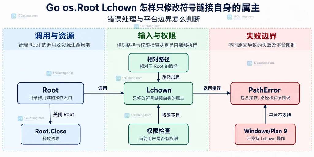 Root.Lchown 的 PathError、权限边界、平台支持和 Root.Close 静态关系说明图