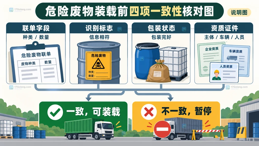 危险废物转移联单承运资质说明图，展示移出人承运人接受人与车辆人员及联单字段的核对关系
