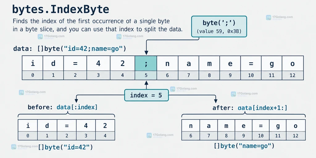 bytes.IndexByte 在字节序列中定位首个分隔符并切分记录的静态说明图