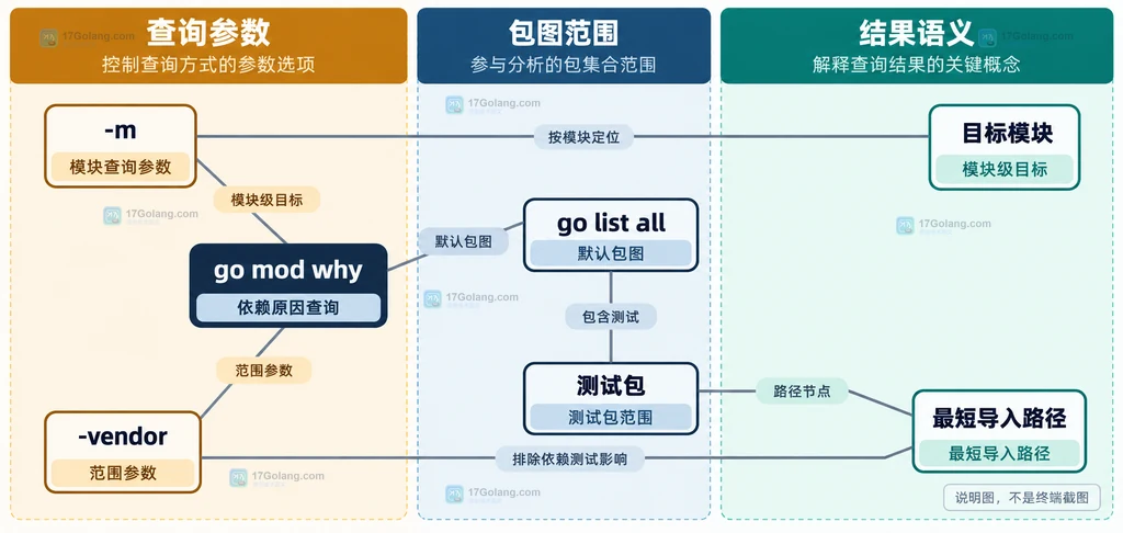 Go mod why 的 -m、-vendor、测试包与最短路径输出语义关系说明图