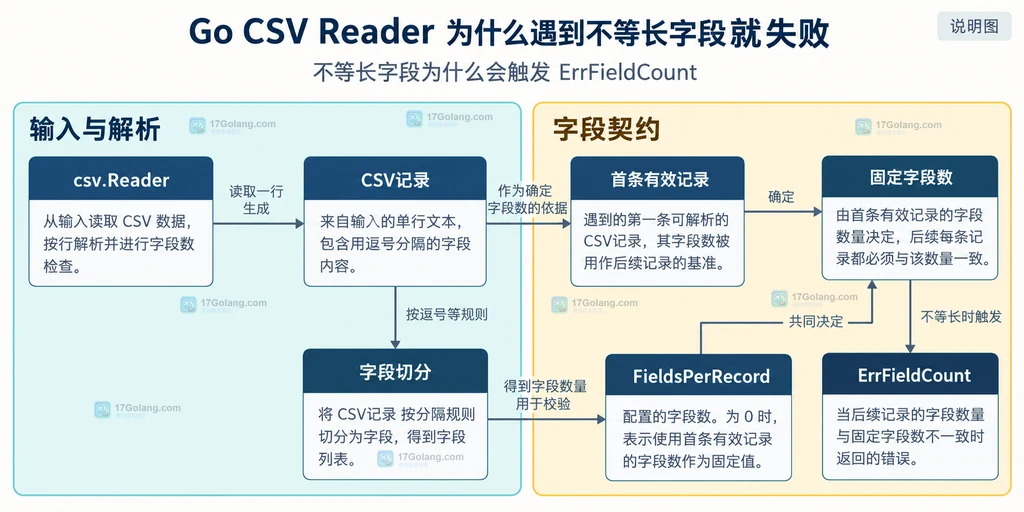 Go csv.Reader 从记录字段解析到 FieldsPerRecord 固定数量检查的技术结构说明图