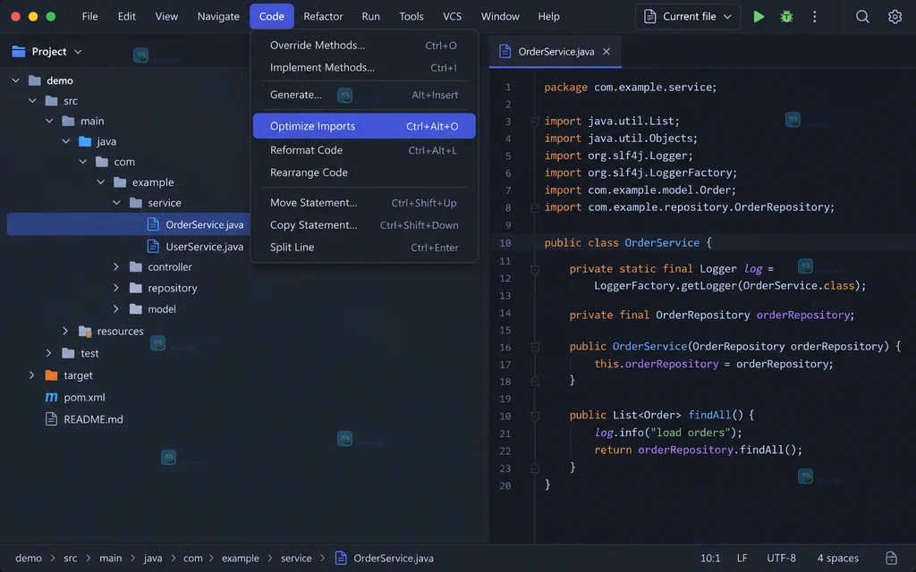 原创 IDE 界面说明图，展示当前文件和 Code 菜单中的 Optimize Imports 入口