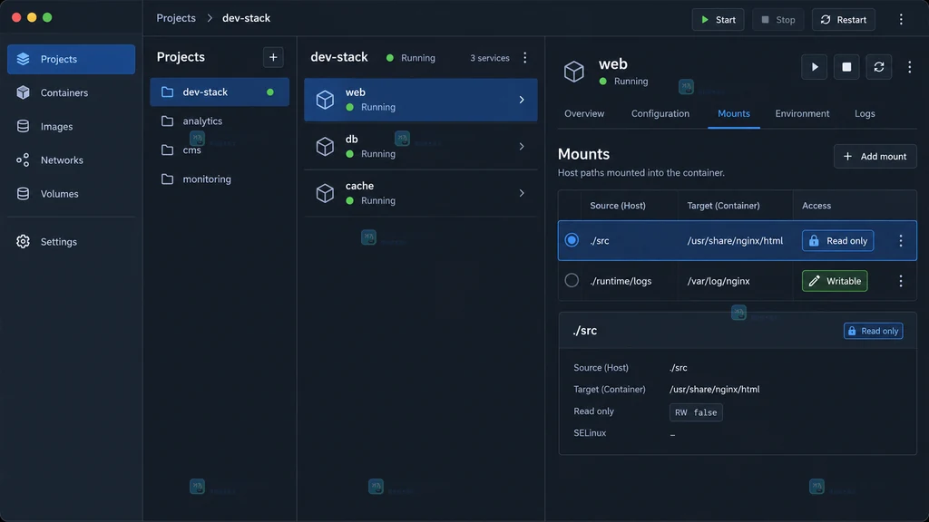 Docker Desktop 风格项目面板显示 web 服务 Mounts 为只读的原创界面说明图