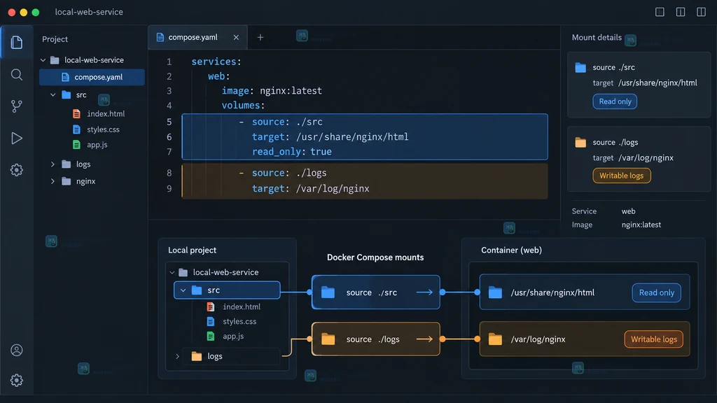 Docker Compose 开发服务中源码只读挂载与日志可写目录的原创界面说明图