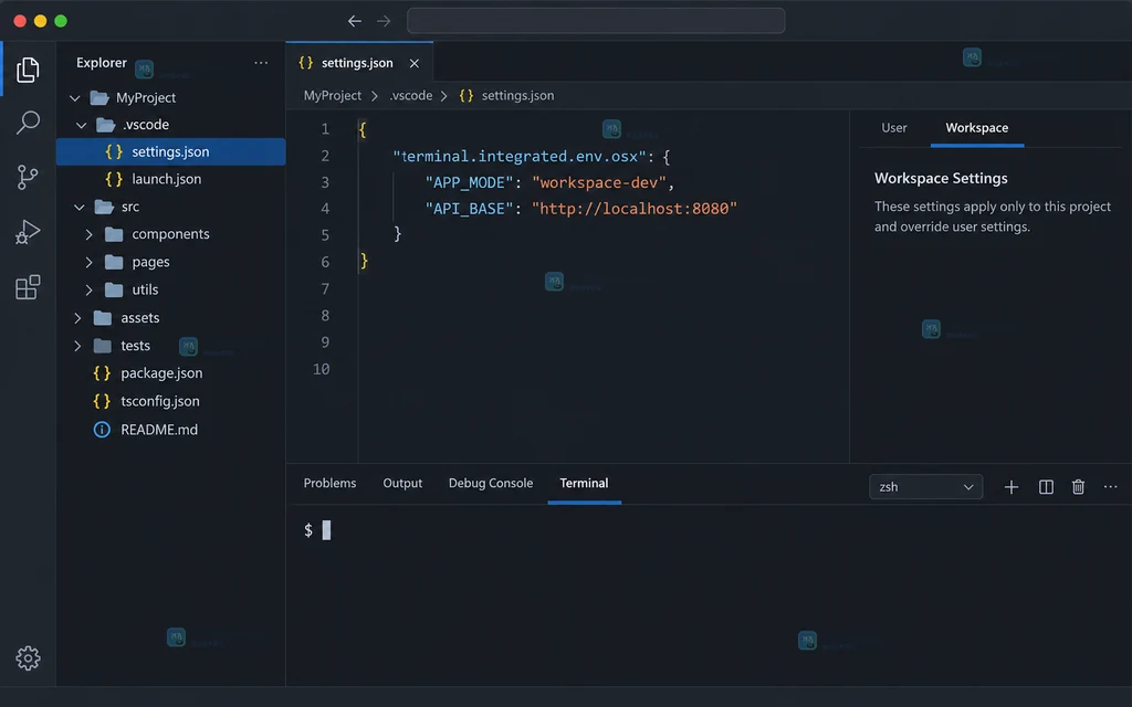 原创工作区设置界面说明图，展示 .vscode/settings.json 与 terminal.integrated.env.osx 配置