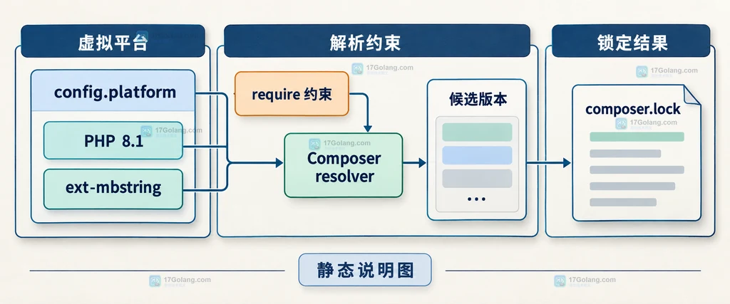 Composer 虚拟平台、依赖约束与锁文件之间的静态关系说明图