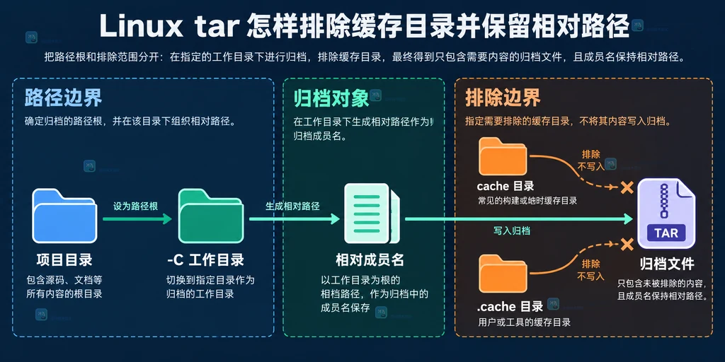 项目目录、tar 的 -C 工作目录、缓存排除模式和相对归档成员名的静态关系说明图