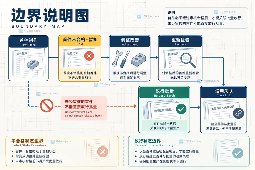 首件不合格后隔离、调整、复检并关联批次放行的制造质量边界说明图