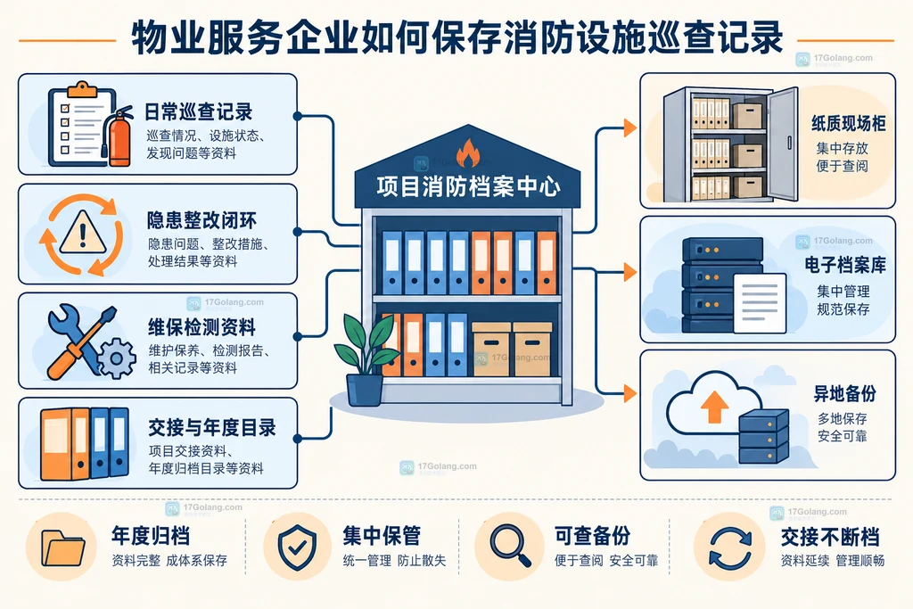 物业消防档案按项目年度归档并在纸质现场柜、电子档案库和异地备份之间对应的关系说明图