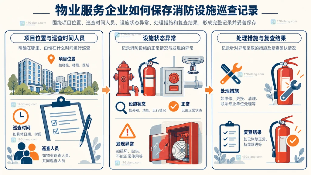 物业消防巡查记录的项目、时间、人员、设施、异常和复查字段关系说明图