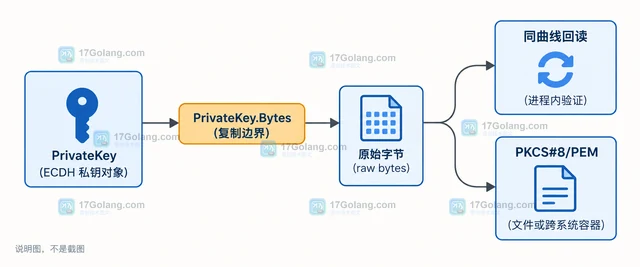 Go crypto/ecdh PrivateKey.Bytes 导出原始私钥编码的存储边界