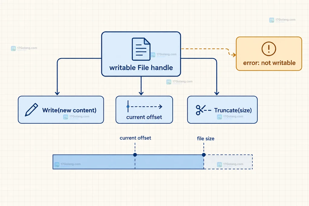 Go writable File handle、Write、当前偏移与 File.Truncate(size) 错误边界结构图