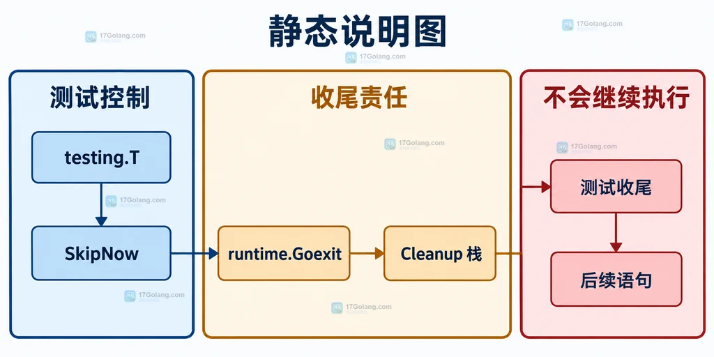 Go testing.T SkipNow、runtime.Goexit、Cleanup 栈与测试收尾的静态关系说明图