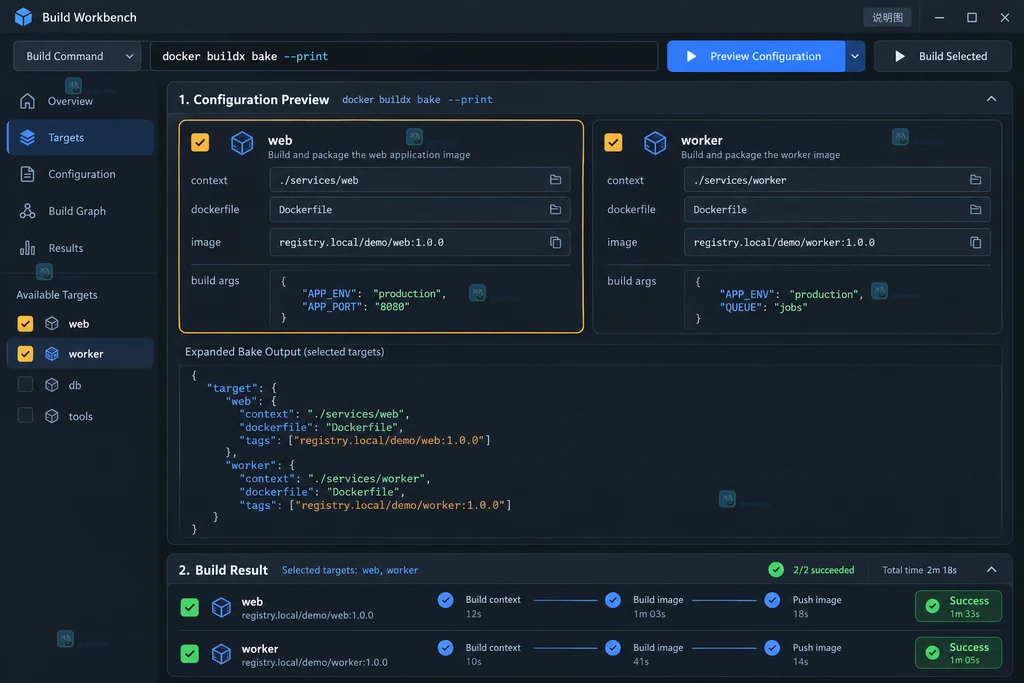 Docker buildx bake --print 预览与构建结果说明图,显示 web、worker 目标、镜像标签和 success 状态