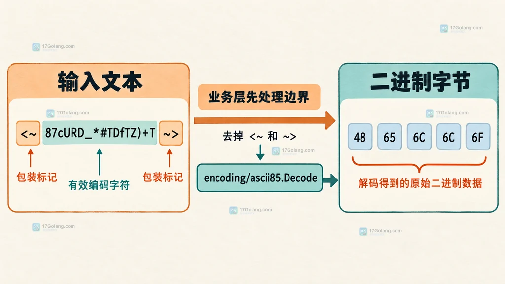 ASCII85 输入文本、包装标记、有效编码字符和二进制字节的关系说明图
