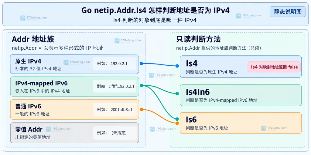 Addr 地址族、原生 IPv4、IPv4-mapped IPv6、普通 IPv6 与 Is4 Is4In6 Is6 的静态关系说明图