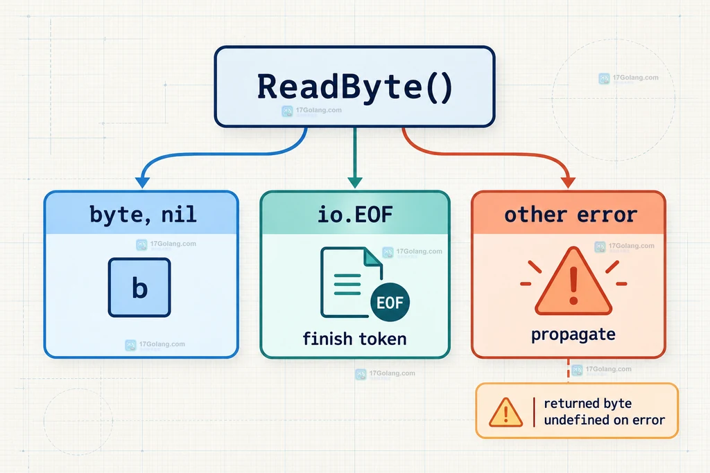 Go bufio.Reader ReadByte 从 io.Reader 缓冲区返回 byte 和 error 的静态关系说明图