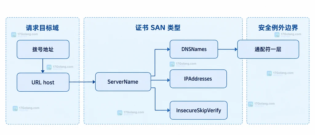 Go 证书 DNSNames、IPAddresses、通配符与 ServerName 匹配边界说明图