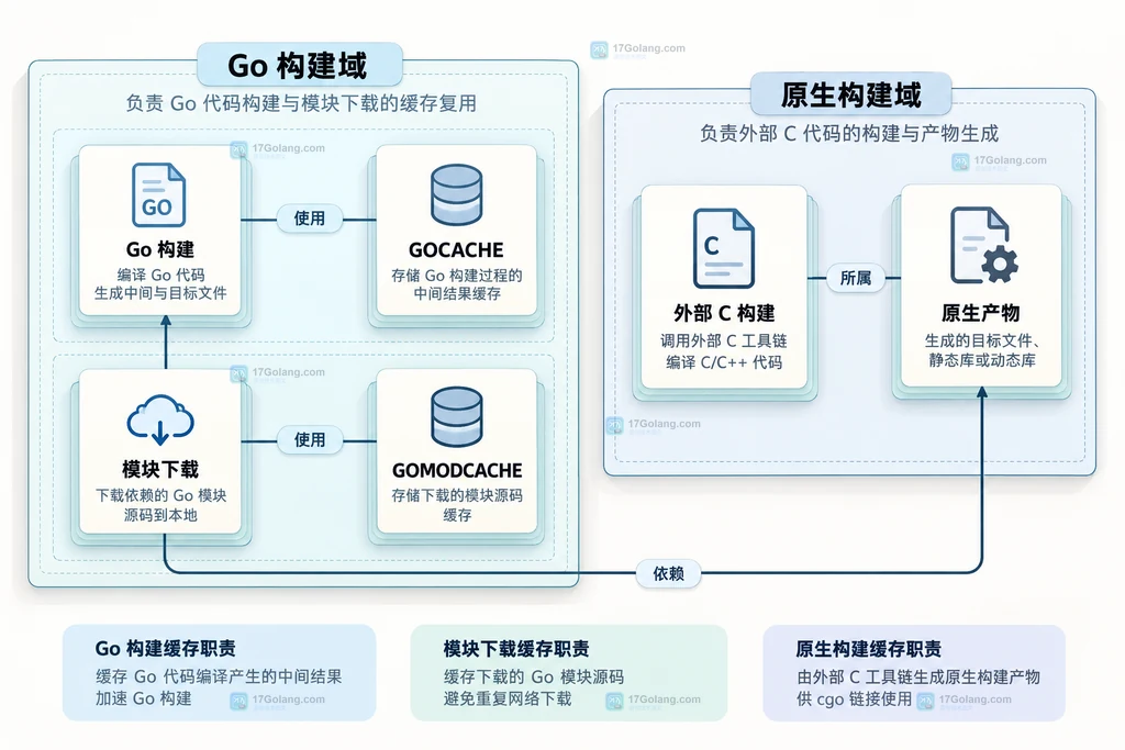 Go构建缓存模块缓存与外部C构建产物的职责结构图