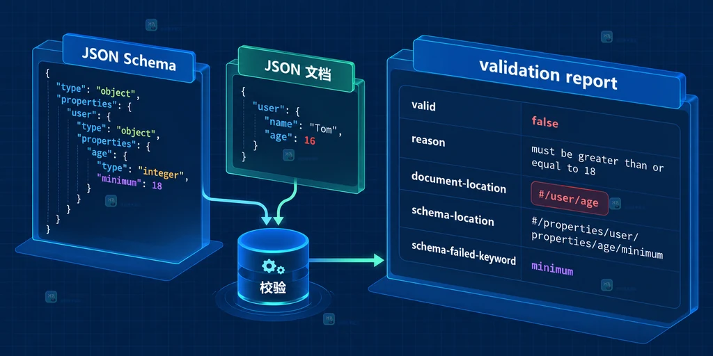 MySQL JSON_SCHEMA_VALIDATION_REPORT 从 Schema 与 JSON 文档生成失败定位报告的结构图
