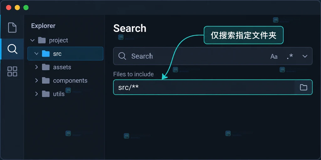 原创界面说明图:VS Code Explorer 选中目标文件夹并在 Files to include 中限定搜索范围