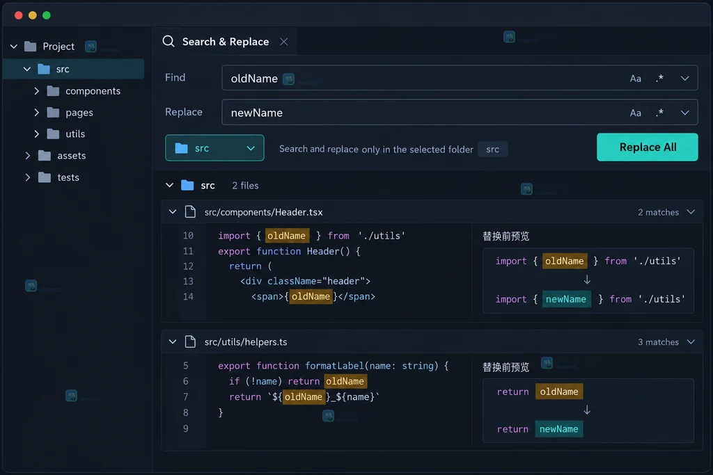 原创界面说明图:VS Code 搜索替换面板展示替换文本、文件命中预览和 Replace All 控件