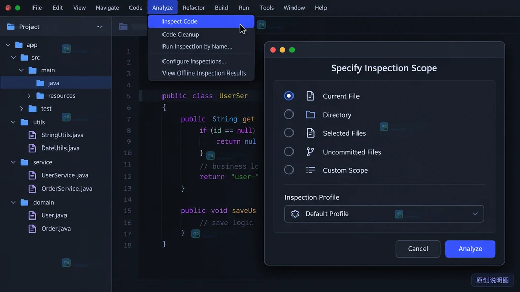 原创 IDE 界面说明图：Analyze 菜单打开 Inspect Code，Specify Inspection Scope 对话框列出多个检查范围和 Inspection Profile