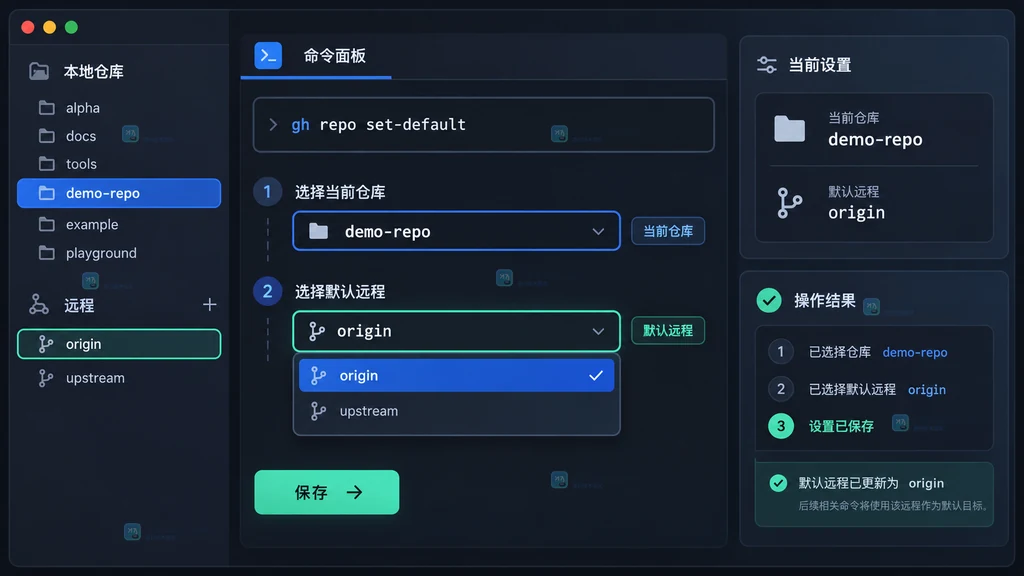 原创状态面板中查看和清除 GitHub CLI 默认远程的结果示意图