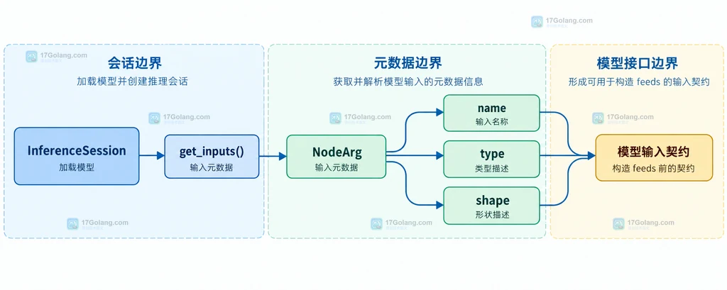ONNX Runtime 会话、输入 NodeArg 元数据和模型输入契约的静态关系图
