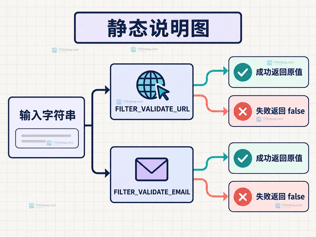 PHP URL 与邮箱验证边界的对照结构图,展示协议白名单、ASCII 和邮箱存在性边界