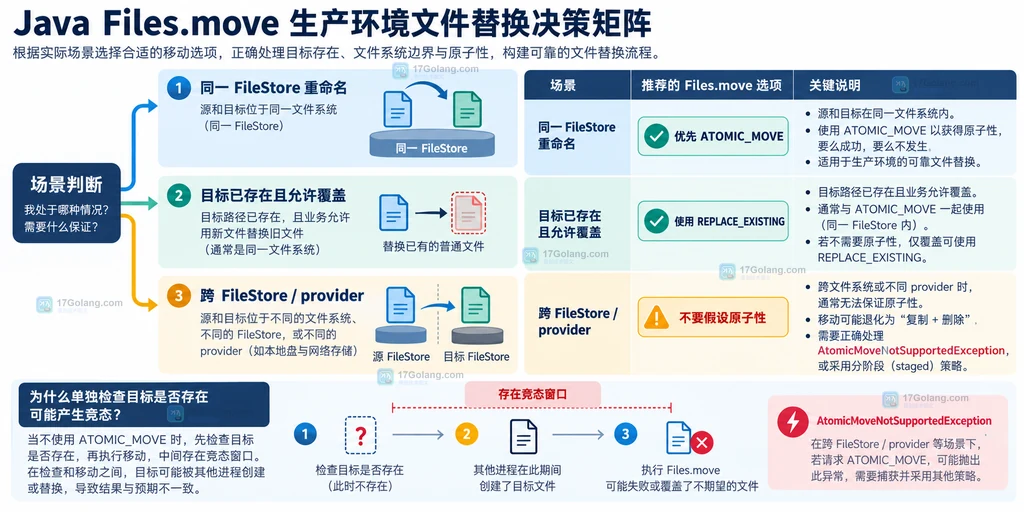 Java Files.move 在同一 FileStore、覆盖目标和跨文件系统场景下的决策矩阵