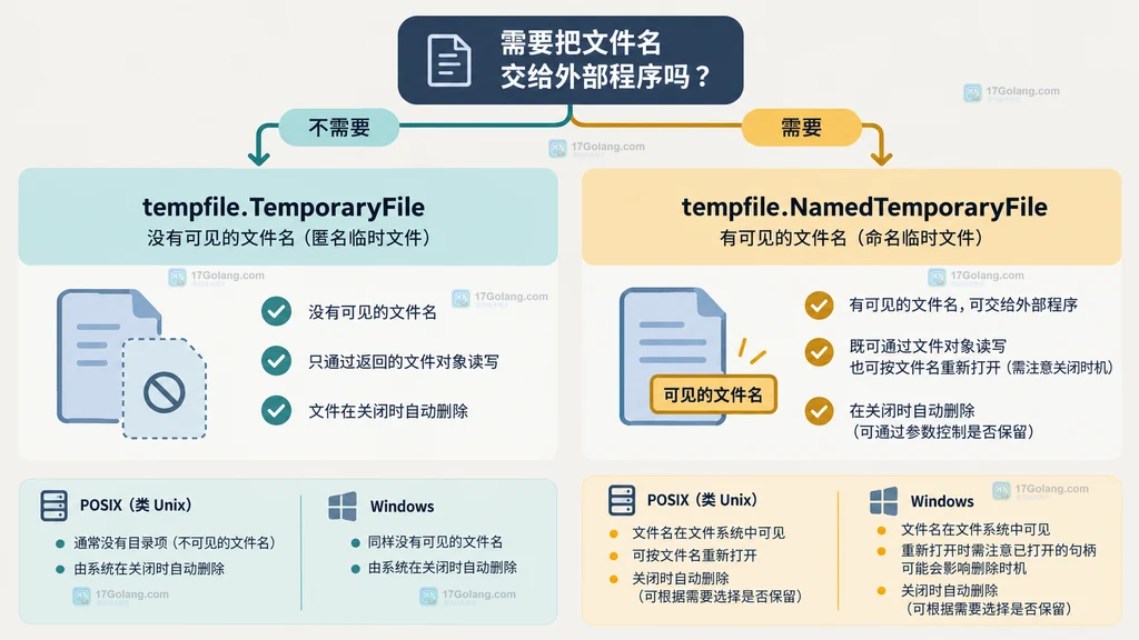 TemporaryFile 与 NamedTemporaryFile 是否需要可见文件名的选择关系图