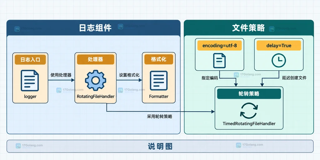 logger、RotatingFileHandler、Formatter、编码和轮转策略的模块关系说明图
