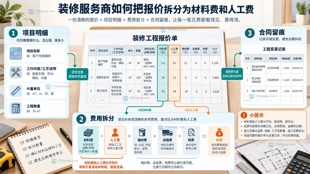 装修报价中项目明细、材料人工费用拆分和合同留痕的原创静态说明图