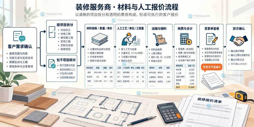 装修服务从客户需求确认到分项报价、书面变更和双方确认的原创静态流程说明图